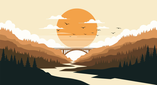 Majestic River Flowing Through a Serene Valley at Sunset.