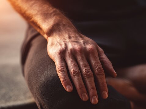 A weathered hand resting calmly on a dark fabric surface.