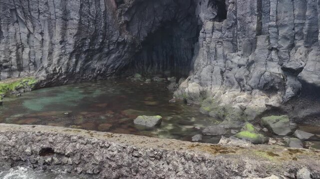 Aerial Panoramic View Pristine Rock Pool La Laja El Hierro Canary Islands Spain Natural Pool Volcanic Coastline