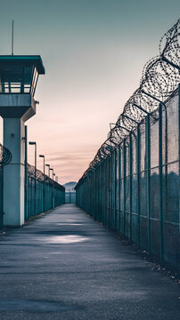 High-Security Prison Walkway with Barbed Wire Fences at Dusk