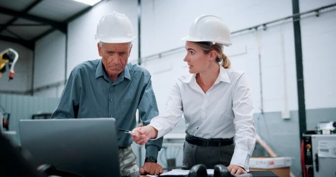 Manager, robotics and people on laptop in factory for machine design, inspection and software configuration. Automation, team and engineers on tech for system diagnostics, assembly line and planning