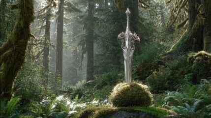 Fototapeta premium Glistening Silver Sword With Intricate Vine-Like Details Standing In A Sun-Dappled Enchanted Forest