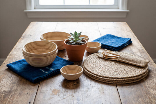 Eco friendly afrohemian table setting with bamboo bowl and jute placemat featuring indigo Adire fabric napkin and succulent in terracotta pot on rustic wooden surface