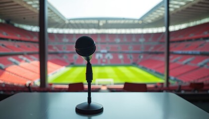 Obraz premium Microphone waits on table in press box with view of empty soccer stadium field. Ready for sports broadcast or journalism commentary before game starts. Focus on sound equipment.