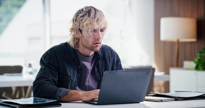 Review, typing or man in agency with laptop, draft edit or proposal planning for article update. Proofreading, research or journalist with tech, source feedback or column insight for magazine.