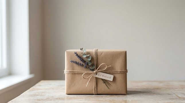 A beautifully wrapped gift box with lavender on a table by the window.