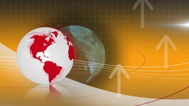 Animation of arrows over rotating globe and data on orange background
