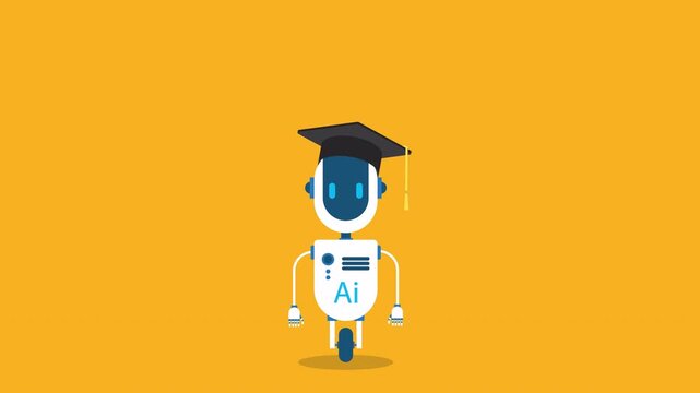 AI Learning Robot Animation with Graduation Cap, Artificial Intelligence Education Concept, Smart Assistant Character, Machine Learning, EdTech Technology, 4K Motion Video	