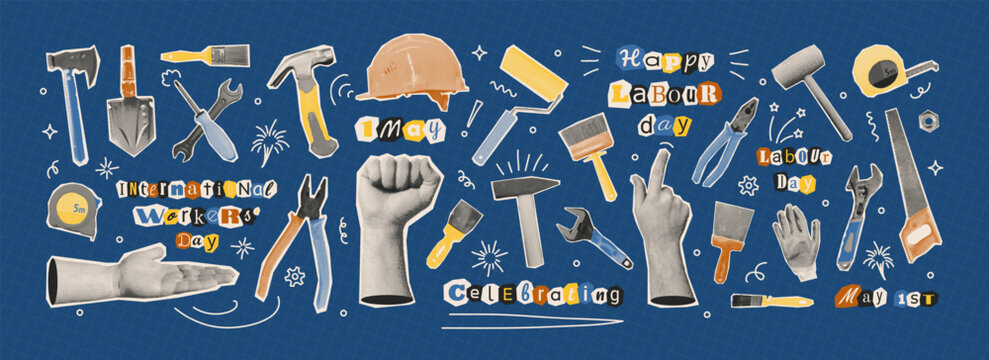 Happy Labor day halftone elements set. Workers tools retro collage with magazine paper cut out greeting. Doodle, human hand, builders equipment 90s Labour background. Vector trendy graphic mixed media