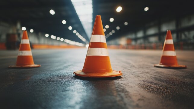 Orange traffic cone standing on wet industrial surface