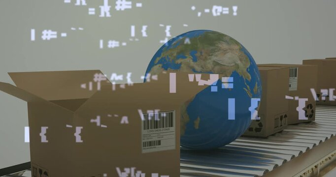 Animation of data processing over packages and globe