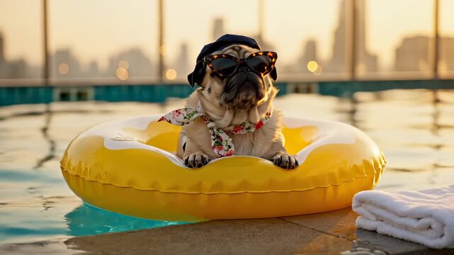 Funny pug dog wearing sunglasses floats in swimming pool. Cute pug relaxes on yellow ring in summer sun. Dog in sunglasses enjoys pool water. Pet pug rests on luxury vacation. Funny dog summer