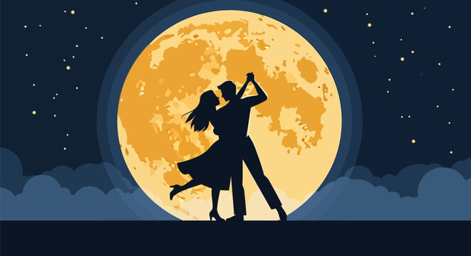 Romantic couple dancing under the moonlight.