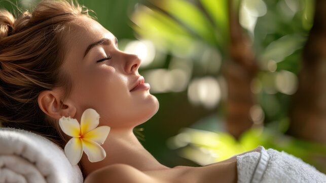 Entspannte junge deutsche Frau mit geschlossenen Augen und tropischer Blume im Haar, Spa, Wellness und Lifestyle Hintergrund.
