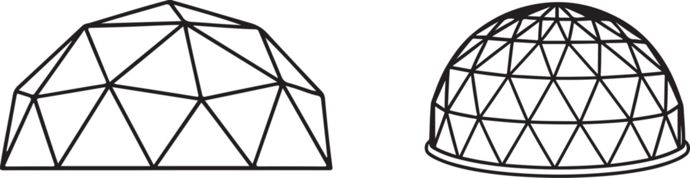 Two geodesic domes illustrated in black and white line art showing structural forms