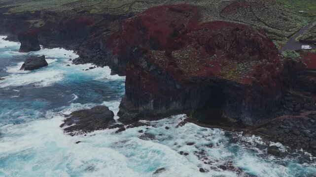 Aerial Panoramic View Pristine Rock Pool La Laja El Hierro Canary Islands Spain Natural Pool Volcanic Coastline