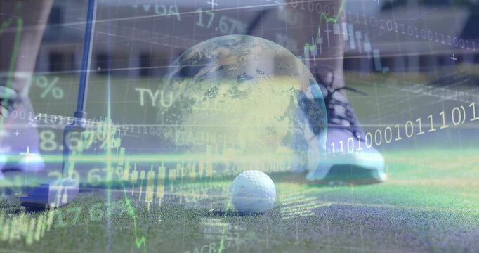 Animation of financial data processing and globe over mid section of a man playing golf