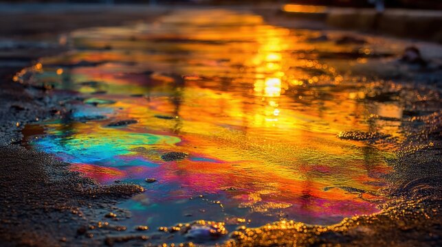 Vibrant Iridescent Oil Slick Colors Blending and Reflecting Light on Wet Ground