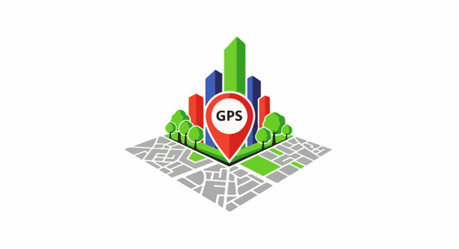 A stylized 3D isometric map featuring colorful buildings, trees, and a GPS marker