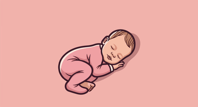 A sleeping infant in a pink romper lies on a soft pink background