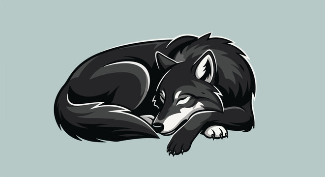 A sleeping black wolf curled up on a light blue background