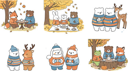 Obraz premium Cozy Fall and Winter Woodland Animal Set Featuring Fox, Bear, Rabbit, Deer, and Polar Bear in Sweaters and Autumn Settings