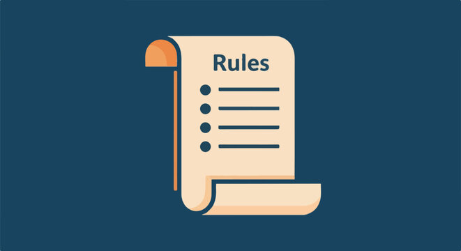 A scroll with the word "Rules" and four bullet points against a blue background