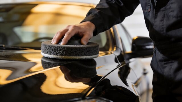 Person polishing car hood with machine