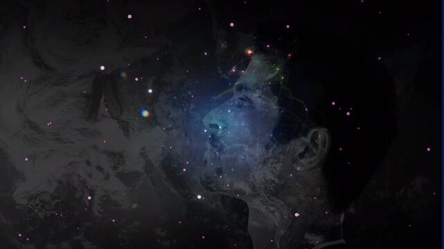 Animation of gold confetti and white stripes in background