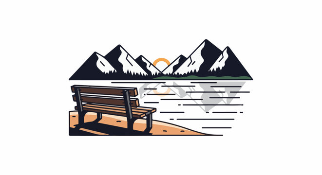 A serene mountain and lake scene with a lone bench awaits contemplation