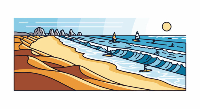 A stylized beach scene with sand dunes, rolling waves, windsurfers, and a sun
