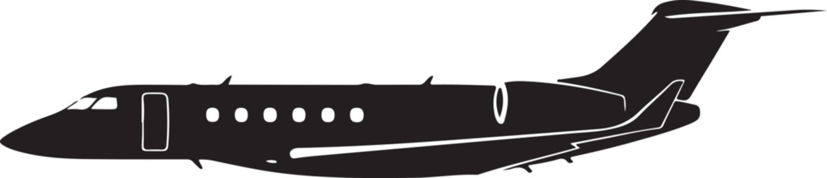 Black airplane, private jet, aircraft silhouette, vector plane