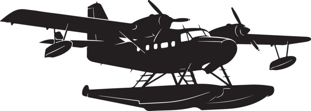 Black silhouette seaplane, float plane icon, aircraft vector, transportation symbol