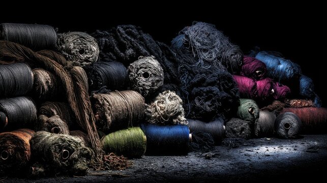 Disheveled stacks of well-worn fabric scraps and yarn rolls in a dimly lit studio setting