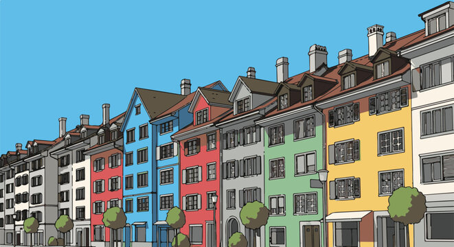 A line of colorful buildings with dormer windows and trees on sidewalk