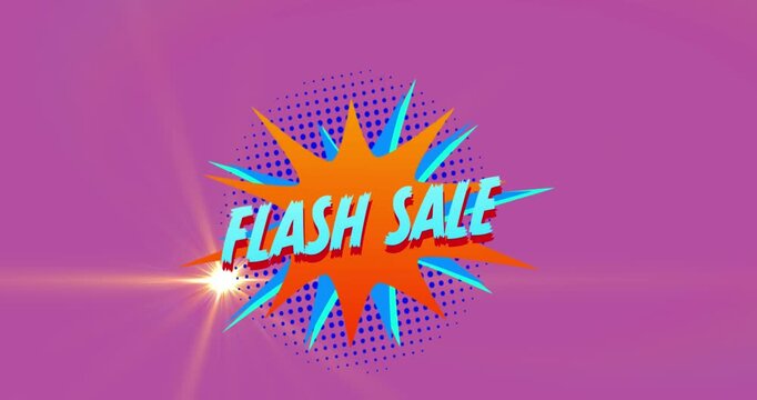 Animation of flash sale text over retro star speech bubble on pink background