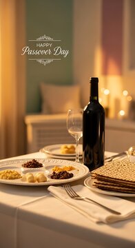 A table set for passover with a plate of food and a bottle of wine