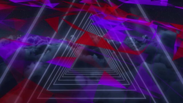 Network of pink triangles and moving shapes on a night sky.
