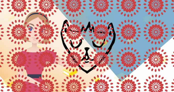 Animation of red flowers in abstract pattern over black dog face and woman gesturing in background
