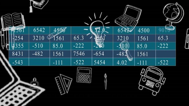 Animation of school items and tablet with numbers on black background