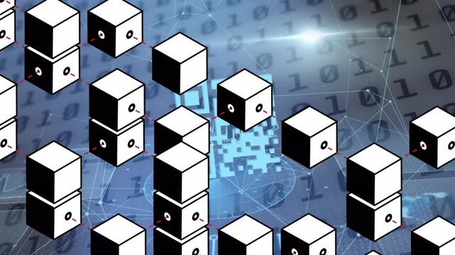 Animation 3d cubes moving with connected dots and qr code against binary codes