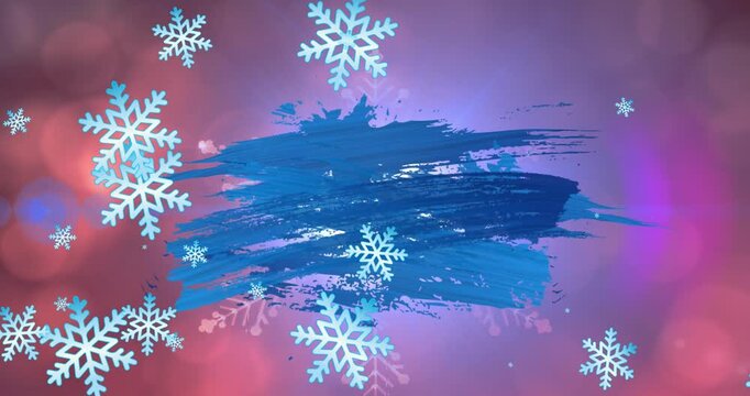 Animation of blue abstract pattern, lens flare, looping snowflakes and bokeh effect in background