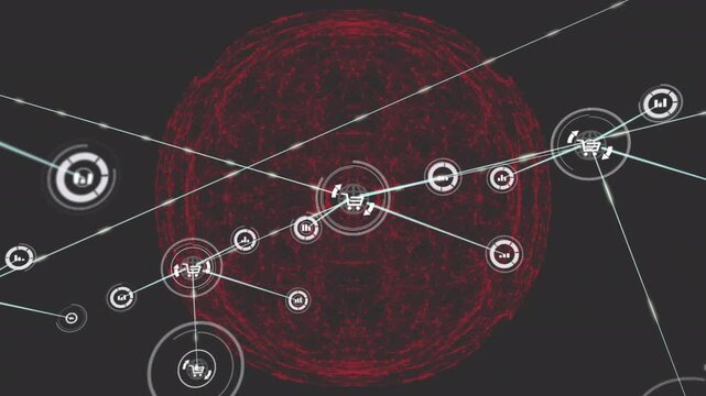 Animation of bar graph, shopping cart icons over red globe and abstract pattern on black background