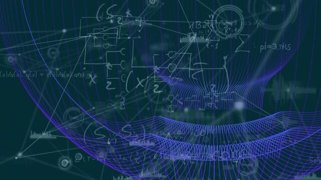 Animation of connected dots and graphs icons over abstract pattern against mathematical sums