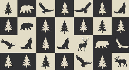 Fototapeta premium Modern Pattern with Forest Animals, on a geometric grid with dynamic silhouettes, concept for website backgrounds, textile prints, and design elements.