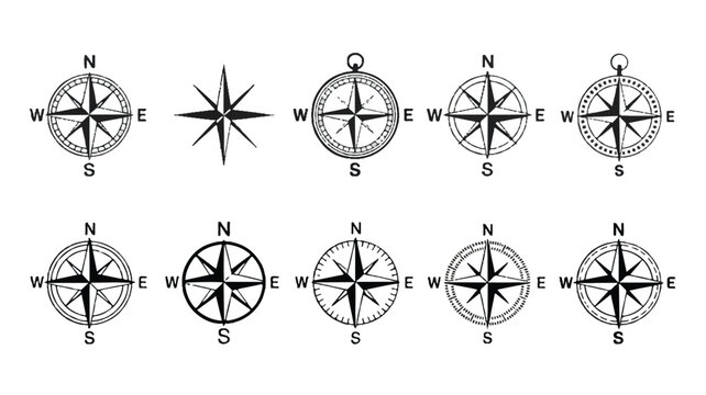 Collection of various black and white compass designs for navigation and orientation purposes