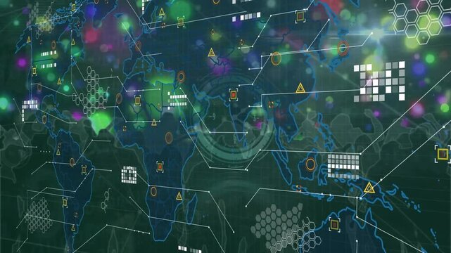 Animation of data processing over world map and ticking clock against silhouette of people dancing