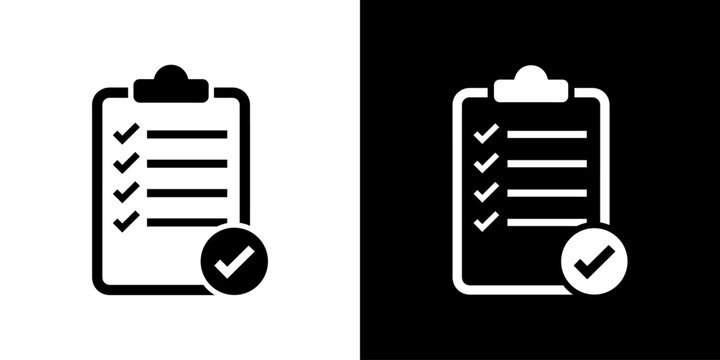 Checklist clipboard icon with checkmark badge, task completion and approval symbol, quality control, project management, solid and outline vector illustration