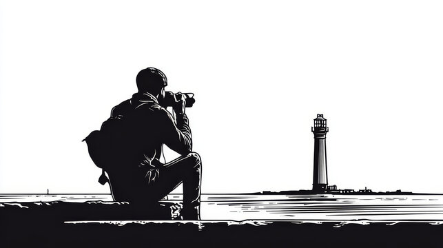 Silhouette of a Photographer Capturing a Lighthouse View