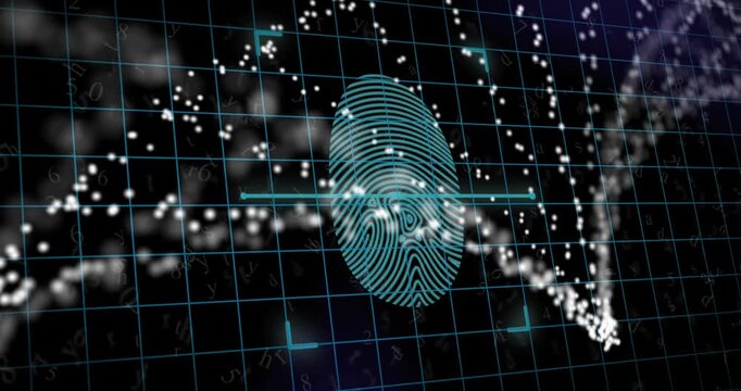 Animation of dna strand over fingerprint icon on black background